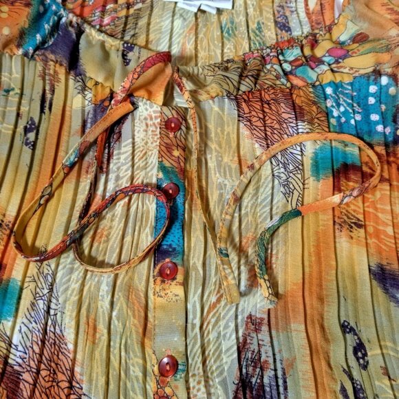 Dressbarn Shirt Large Sleeveless Pleated Button Up Orange Whimsical Forest Fairy - Picture 15 of 16